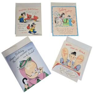 Set of Assorted Mid-Century (4) Vintage 'Happy Birthday' Cards w/Envelopes